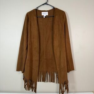 BCBGeneration Women Medium Cognac Faux Suede Tan Boho Fringe Open Blazer Western